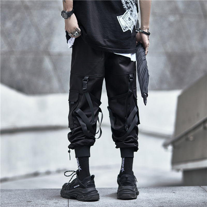 China Chic Diablo Functional Windwork Pants Men Fashion Brand Loose Fashion Parachutist Tactical Multi Pocket Strap Leggings